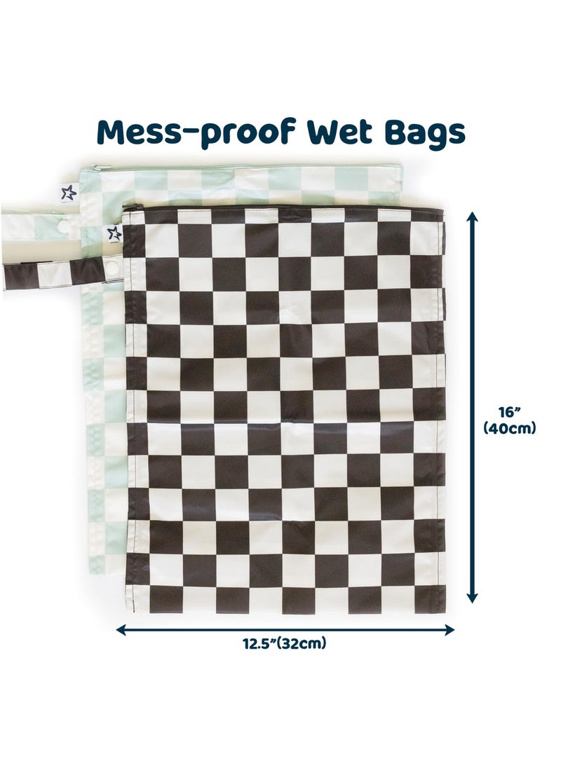 Tiny Twinkle Tiny Twinkle Mess-proof Wet Bags 2 Pack Waterproof and Washable Bag for Travel storage, Stroller, Daycare, Baby Diapers, Yoga, Beach, Pool, Wet Toddler Swimsuits (Black, Green Checkers)  - Image 4
