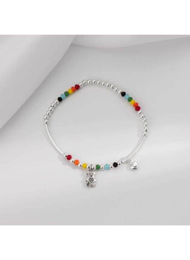 Under The Banyan Tree 925 Silver Rainbow Beaded Bracelet Girls Summer Niche Design Colorful Bear Smiley Hand Jewelry 