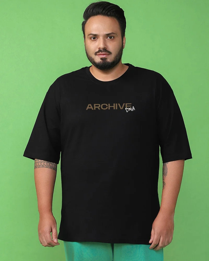 بيواكوف Men's Jet Black Archive DNA Graphic Printed Oversized Plus Size T-shirt