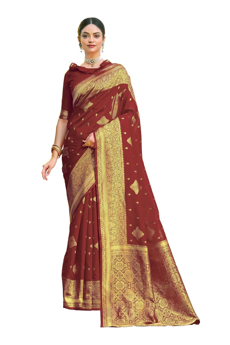 Glory Sarees Women’s Banarasi Silk Saree With Blouse Piece (Kalamkari105_Maroon) - Image 1