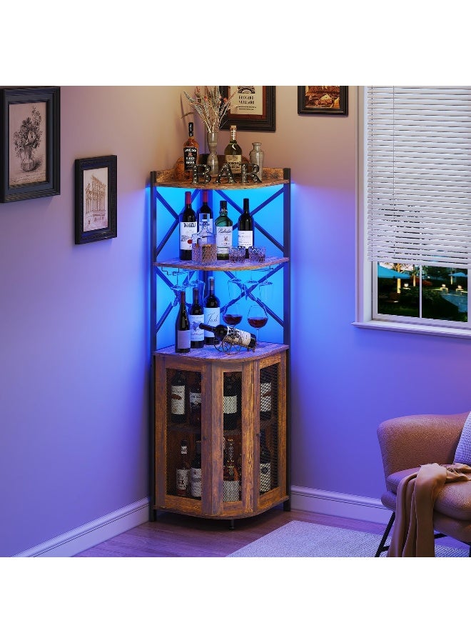JKsmart خزانة بار زاوية JKsmart مع أضواء LED 5 طبقات خزانة نبيذ صناعية مع حامل زجاجات خزانة مشروبات ريفية مع رف و باب بار منزلي لمقاهي القهوة بني ريفي - Image 4