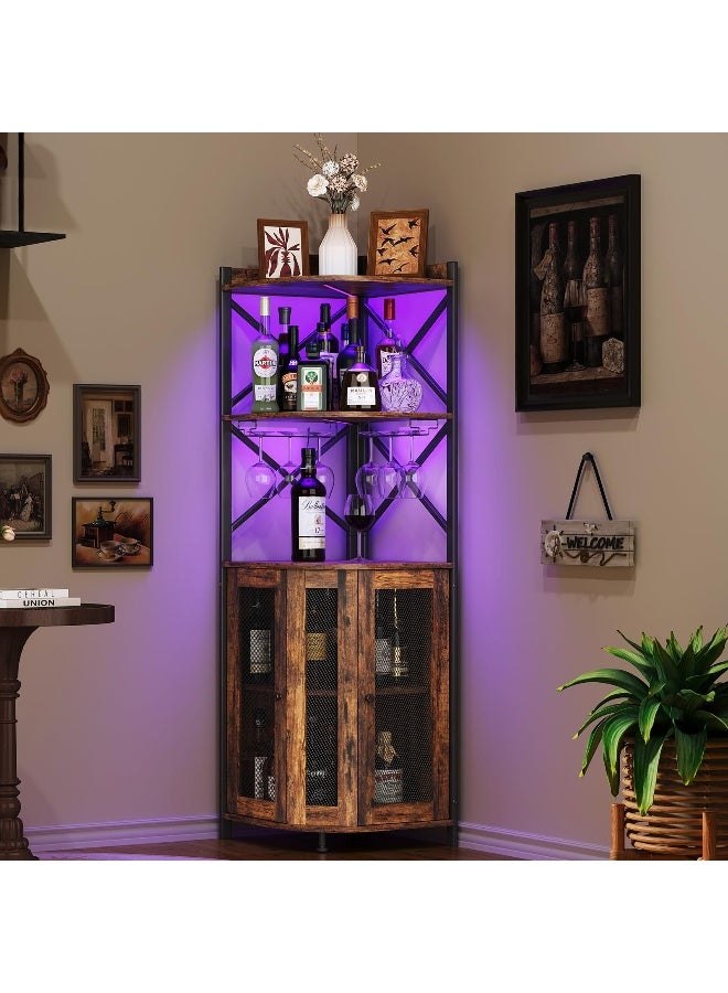 JKsmart خزانة بار زاوية JKsmart مع أضواء LED 5 طبقات خزانة نبيذ صناعية مع حامل زجاجات خزانة مشروبات ريفية مع رف و باب بار منزلي لمقاهي القهوة بني ريفي - Image 2