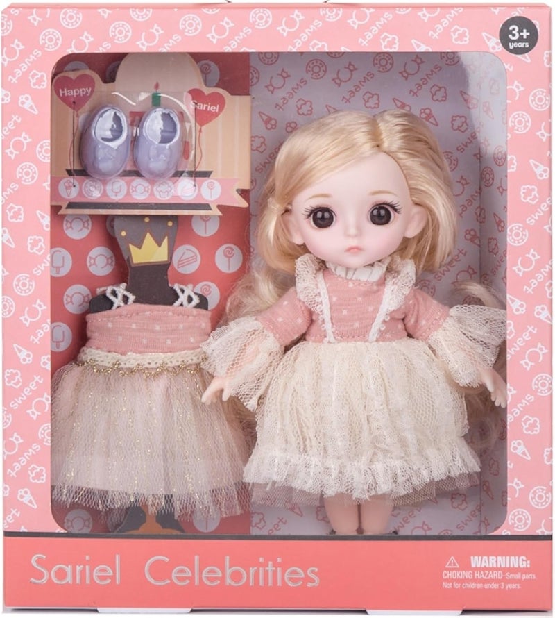 3A TOYS LAND Sariel Celebrities Doll,16 CM Jointed Small Doll with Extra Set of Clothes And Shoes, it Has Soft Body and Silky Hair with Big Lovely Eyes, Birthday Gift For Girls Kids Age 3+ Year (91018-F)