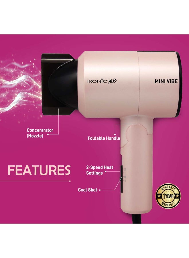 أي كونيك مجفف شعر أيكونيك ميني فايب، لون وردي لؤلؤي، 1200 واط مع إعدادين للسرعة، وظيفة الهواء البارد، مقبض قابل للطي، حماية من الحرارة الزائدة، تصميم مدمج وسهل الحمل أثناء السفر، مناسب لجميع أنواع الشعر - Image 3