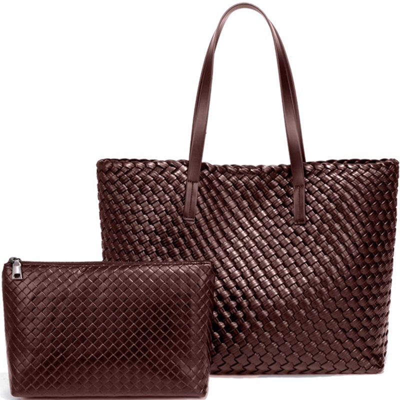 YONGLEE ARTEE Large Capacity Shoulder Handbag Women Woven Leather Tote Bag with Matching Pouch Tote Bag Travel Lightweight Coffee - Image 1