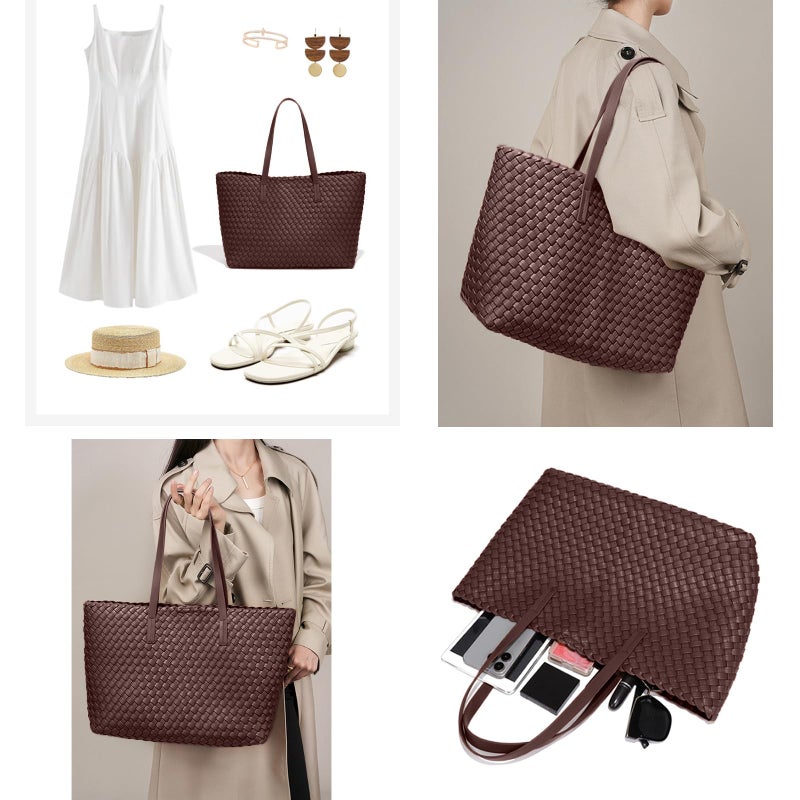 YONGLEE ARTEE Large Capacity Shoulder Handbag Women Woven Leather Tote Bag with Matching Pouch Tote Bag Travel Lightweight Coffee - Image 2
