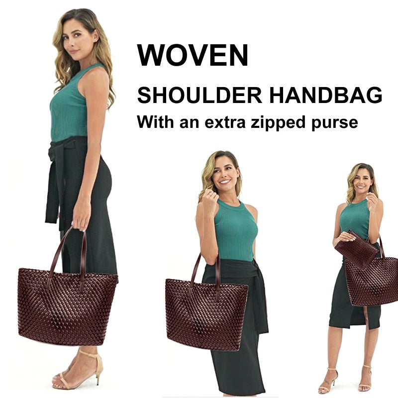 YONGLEE ARTEE Large Capacity Shoulder Handbag Women Woven Leather Tote Bag with Matching Pouch Tote Bag Travel Lightweight Coffee - Image 5