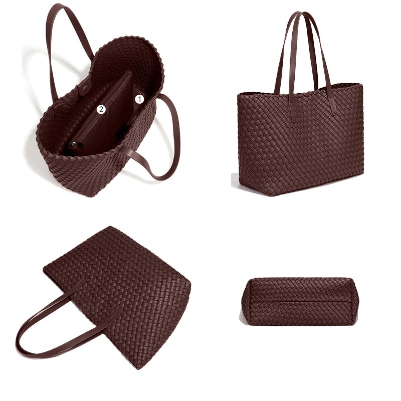 YONGLEE ARTEE Large Capacity Shoulder Handbag Women Woven Leather Tote Bag with Matching Pouch Tote Bag Travel Lightweight Coffee - Image 3