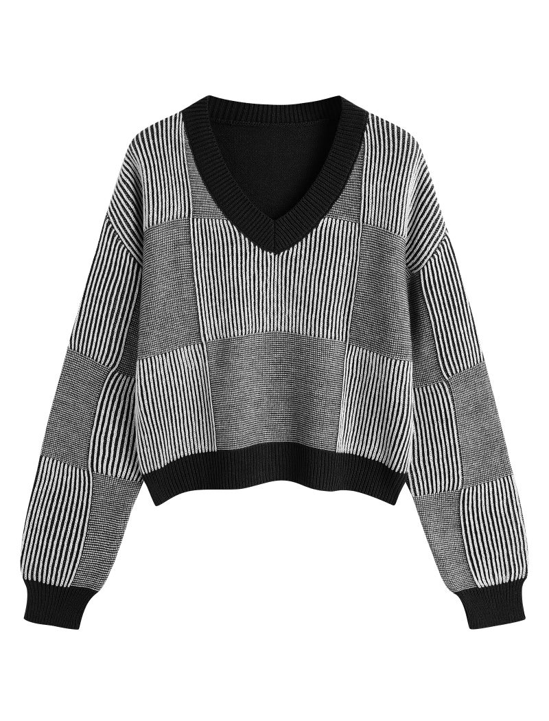 ZAFUL Women's Cropped Sweater Striped V-Neck Long Sleeve Sweater Pullover Jumper Knit Top (1-Black, L) - Image 4