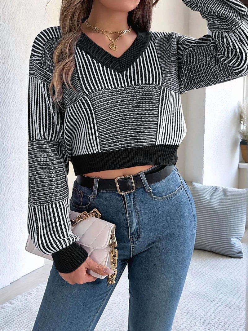 ZAFUL Women's Cropped Sweater Striped V-Neck Long Sleeve Sweater Pullover Jumper Knit Top (1-Black, L) - Image 3