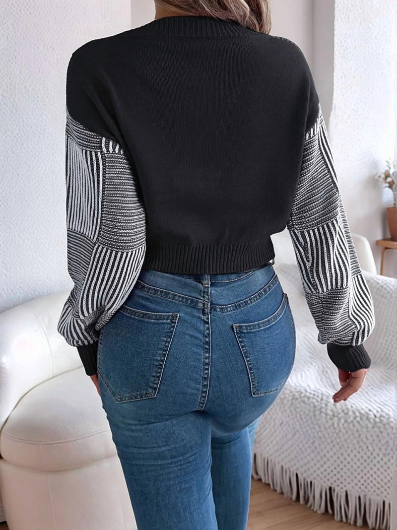 ZAFUL Women's Cropped Sweater Striped V-Neck Long Sleeve Sweater Pullover Jumper Knit Top (1-Black, L) - Image 2