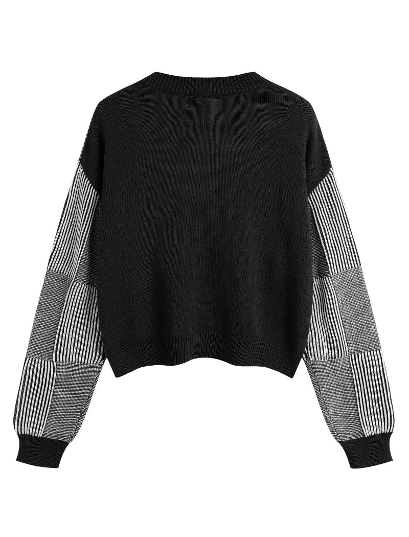 ZAFUL Women's Cropped Sweater Striped V-Neck Long Sleeve Sweater Pullover Jumper Knit Top (1-Black, L) - Image 5