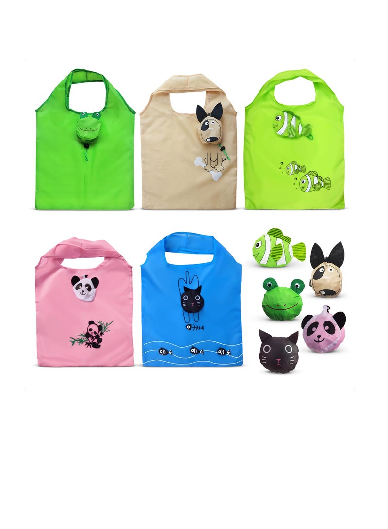 Excefore Foldable Reusable Grocery Bags, 5 Pcs Cute Animal Grocery Bags, Washable Design with Large Handles, Reusable Produce Bags, Reusable Storage Bags for Groceries, Gym, Beach Gear, Toys - Image 1