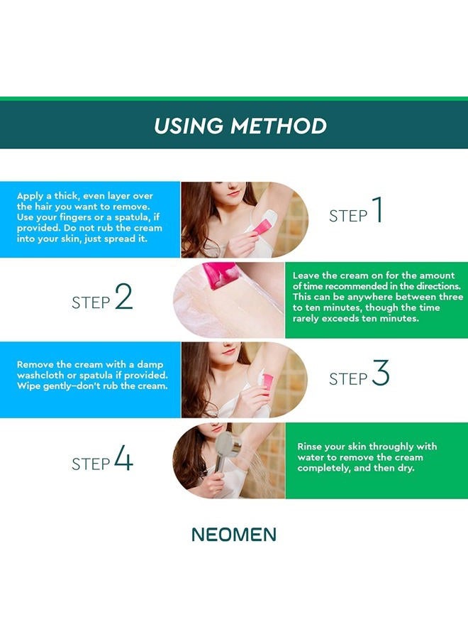 Neomen كريم إزالة الشعر للنساء والرجال - كريم إزالة الشعر غير المؤلم الصديق للبشرة للجسم والساقين ومنطقة البيكيني، تركيبة سريعة المفعول خلال 5 دقائق، 3.7 أونصة سائلة - Image 5