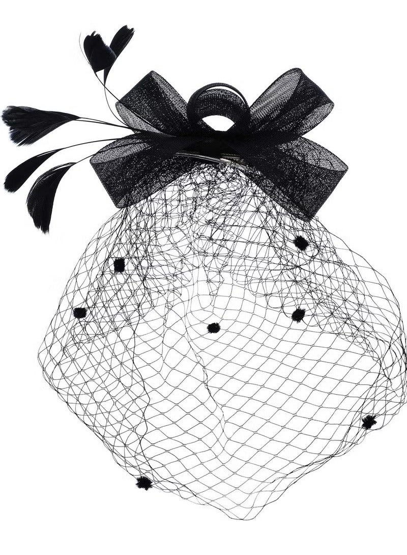 Hat for Women Hat Pillbox Hat Hat Feathers Veil Mesh Headband and Short Lace Gloves Floral Lace Gloves Tea Party Wedding Flower Cocktail Mesh Feathers Hair Clip - Image 5