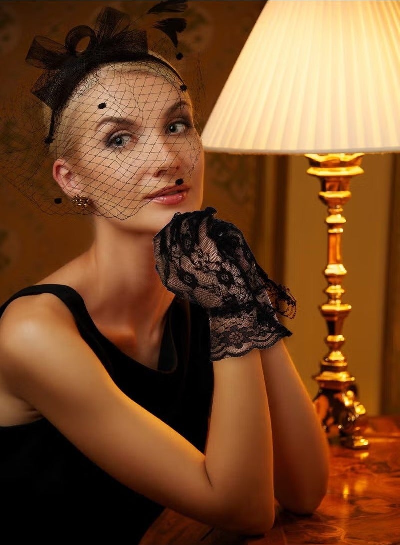 Hat for Women Hat Pillbox Hat Hat Feathers Veil Mesh Headband and Short Lace Gloves Floral Lace Gloves Tea Party Wedding Flower Cocktail Mesh Feathers Hair Clip - Image 4