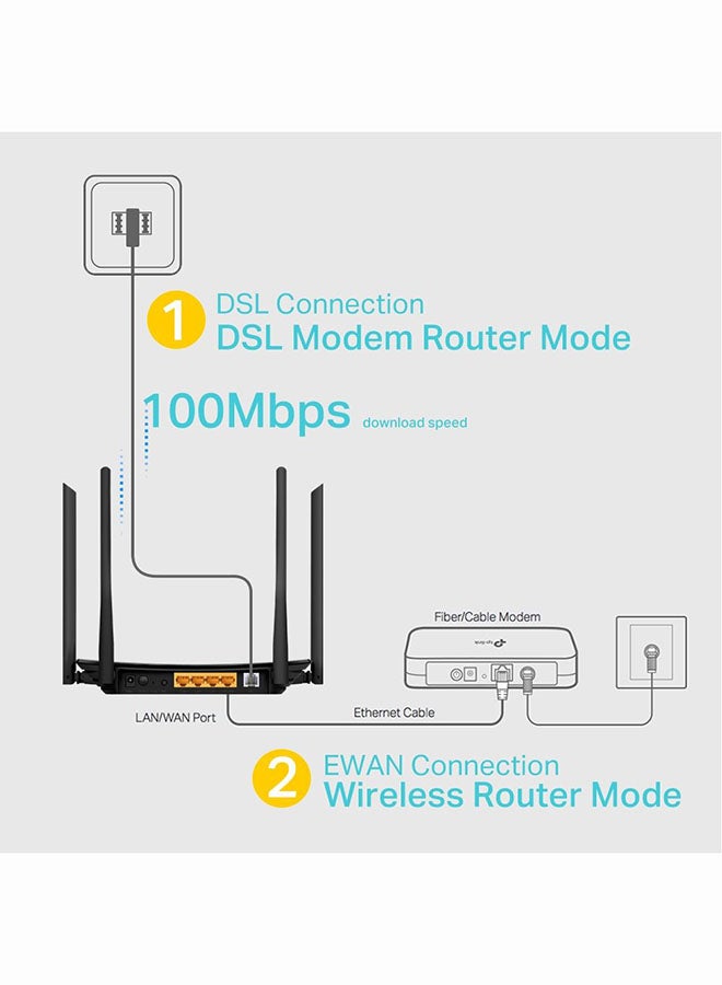 تي بي لينك راوتر مودم لاسلكي VDSL/ADSL يعمل بتيار متناوب بسرعة نقل بيانات تصل إلى 1200 ميجابت في الثانية طراز Archer VR300 أسود - Image 5