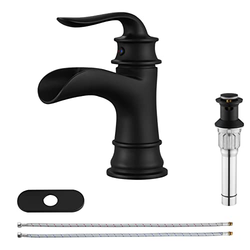 PARLOS Single Handle Bathroom Faucet, Waterfall Sink Faucet with Pop Up Drain, Escutcheon and Cupc Water Supply Lines, Matte Black, 1434904 - Image 1