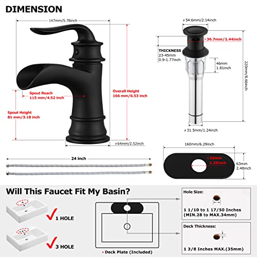 PARLOS Single Handle Bathroom Faucet, Waterfall Sink Faucet with Pop Up Drain, Escutcheon and Cupc Water Supply Lines, Matte Black, 1434904 - Image 4
