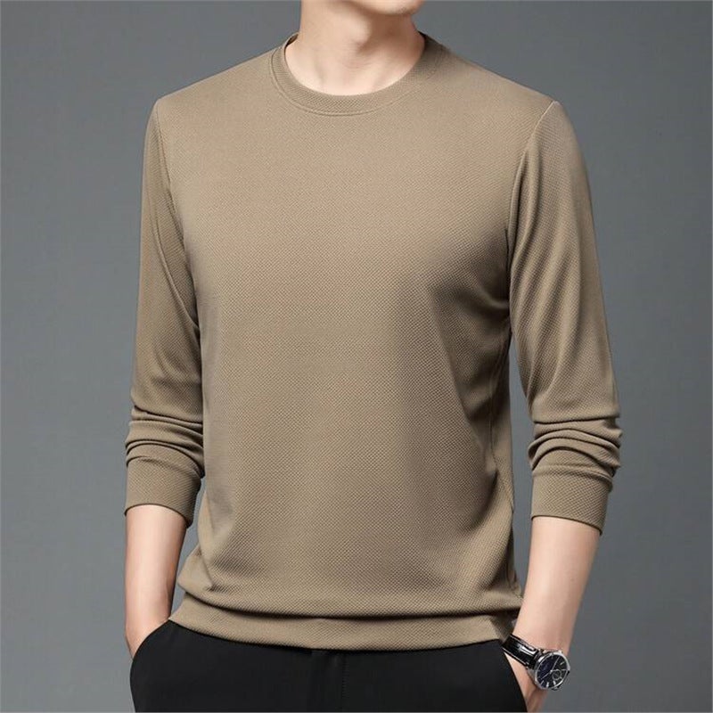 Waffled Crewneck Long-Sleeved T-Shirt Men'S Solid Color Casual All-Match T-Shirt Sweater Base Shirt For Men - Image 3