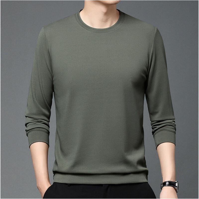 Waffled Crewneck Long-Sleeved T-Shirt Men'S Solid Color Casual All-Match T-Shirt Sweater Base Shirt For Men - Image 2