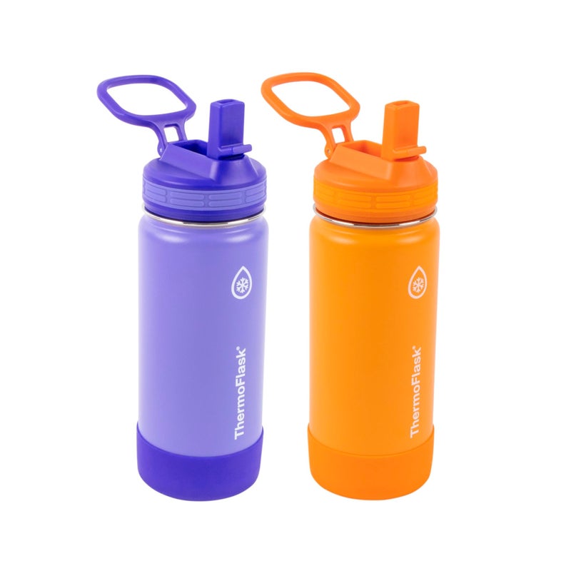 ThermoFlask Kids Bottle with Straw Lid - Durable & Dishwasher-Safe Water Bottles & Lids - Leak-Proof Bottle Lid Design - Reusable Water Bottles for Everyday Use - 16 oz, Purple/Orange (2 Pack) - Image 1