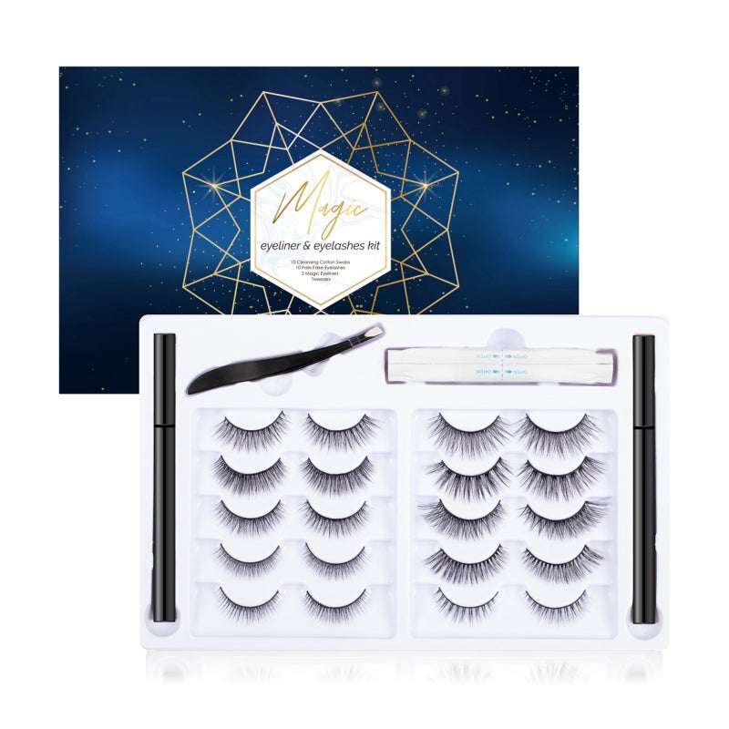 Eyeliner & Eyelashes Kit Eyeliner for Self-adhesive False Eyelashes Set 10 Pairs Reusable Fake Eyelashes False Eyelashes Natural Long Thick Curly Lashes Makeup Lashes for Woman & Girls - Image 1