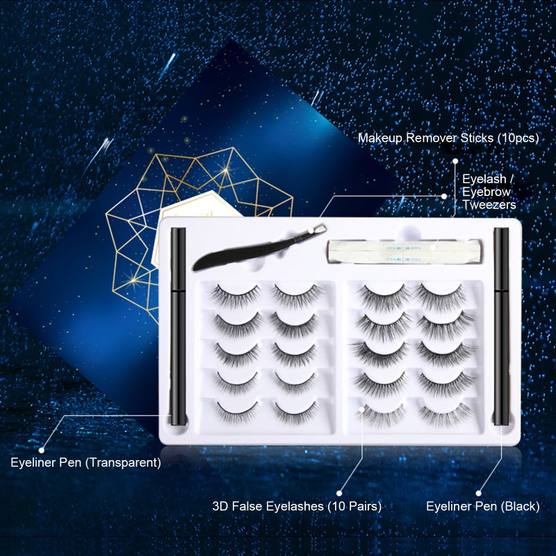 Eyeliner & Eyelashes Kit Eyeliner for Self-adhesive False Eyelashes Set 10 Pairs Reusable Fake Eyelashes False Eyelashes Natural Long Thick Curly Lashes Makeup Lashes for Woman & Girls - Image 3