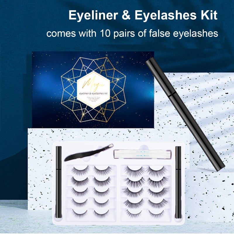 Eyeliner & Eyelashes Kit Eyeliner for Self-adhesive False Eyelashes Set 10 Pairs Reusable Fake Eyelashes False Eyelashes Natural Long Thick Curly Lashes Makeup Lashes for Woman & Girls - Image 2