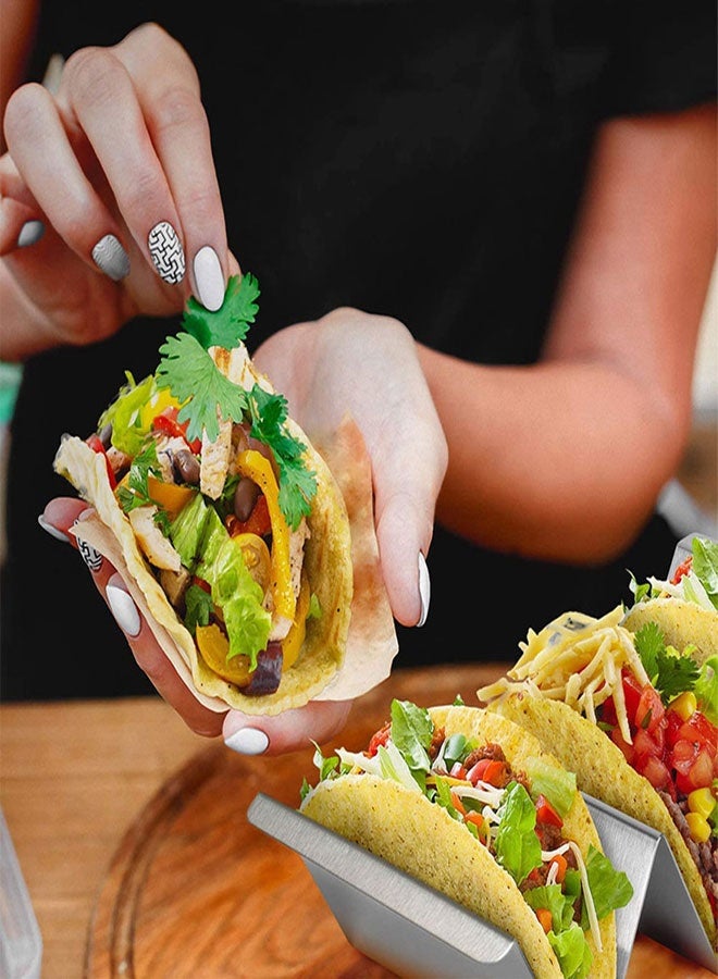 HOOTO Taco Holders Set of 4, Taco Stand Trays, Stainless Steel Taco Holder, with Easy-Access Handle, Each Can Hold 2 To 3 Tortillas, Oven, Grill & Dishwasher Safe 22x10x5cm - Image 5