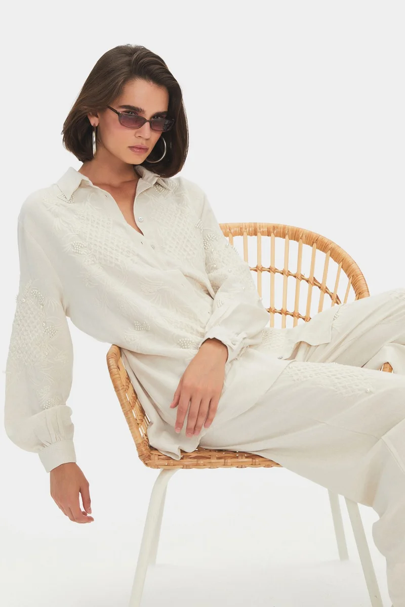 JUNE Women's Exclusive Oversize/loose Cut Embroidered and Pearl Detailed Shirt