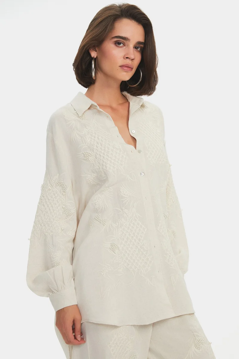 JUNE Women's Exclusive Oversize/loose Cut Embroidered and Pearl Detailed Shirt