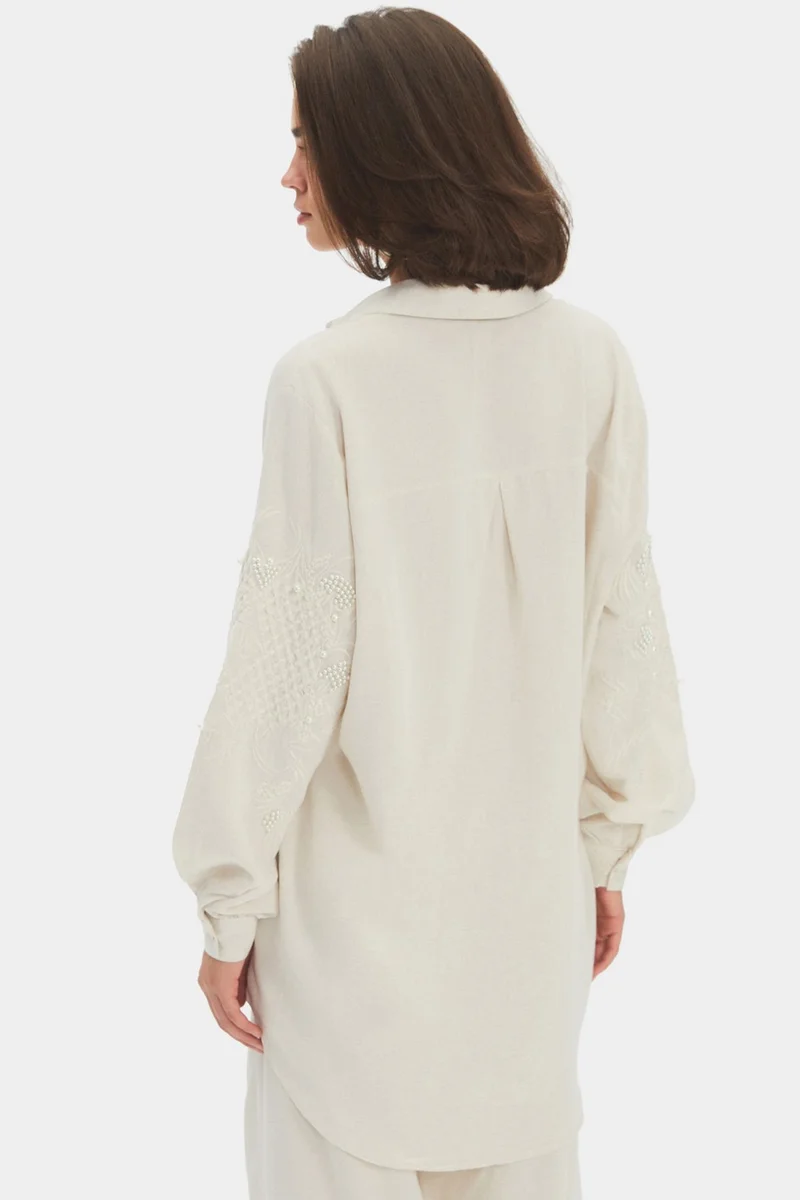 JUNE Women's Exclusive Oversize/loose Cut Embroidered and Pearl Detailed Shirt