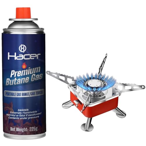 Hacer Portable Camping Stove for Travel with Butane Gas Cylinder, Foldable Furnace & Refill Canister Kit, Lightweight Gas Burner for Hiking & Emergency Cooking Use (1 Refill + 1 Stove) - Image 1