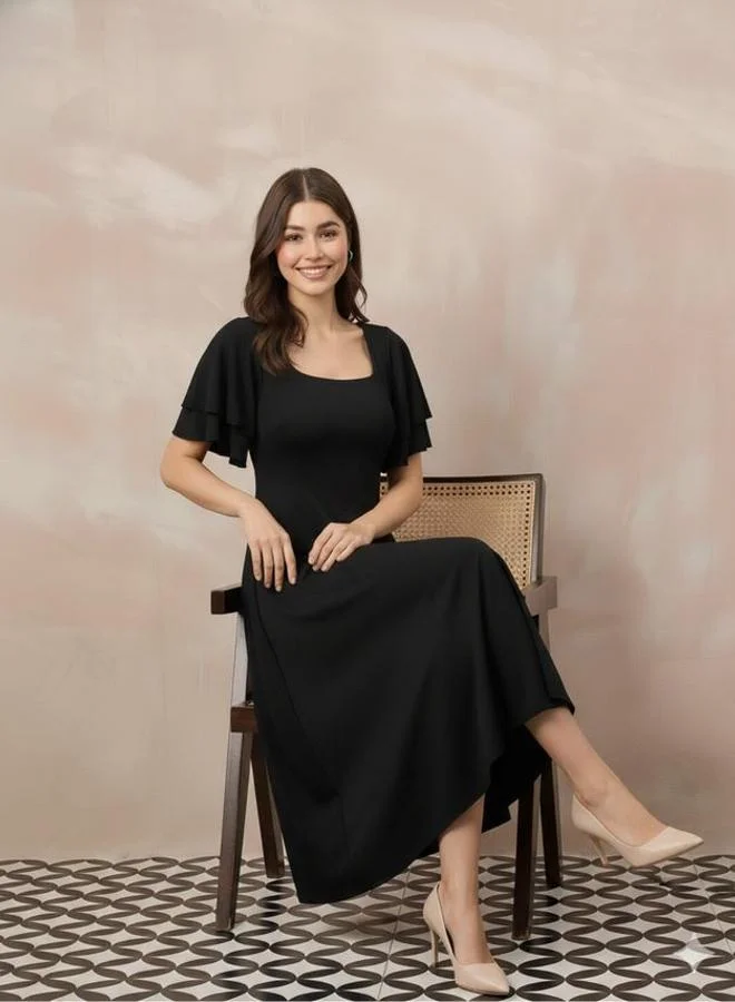 Uptownie  Stretchable Layered Sleeve Fit And Flare Midi Dress for Women | Best Price UAE