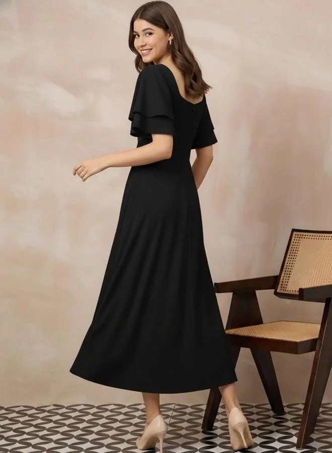 Uptownie  Stretchable Layered Sleeve Fit And Flare Midi Dress for Women | Best Price UAE