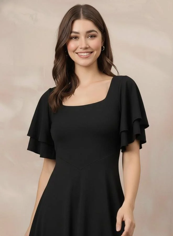 Uptownie  Stretchable Layered Sleeve Fit And Flare Midi Dress for Women | Best Price UAE