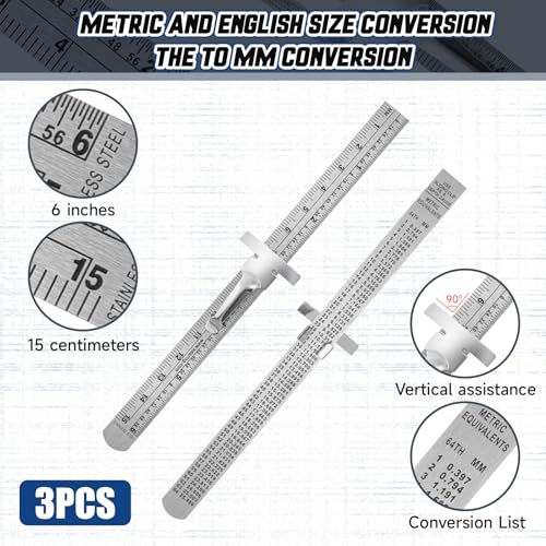 Psyqtsuary 3 PCS Machinist Ruler, 6 Inch 15 Cm Pocket Ruler Flexible Precision Stainless Steel Ruler with Detachable Clips Imperial & Metric Graduations Steel Ruler Slide Rule for Engineering, School, Office - Image 2