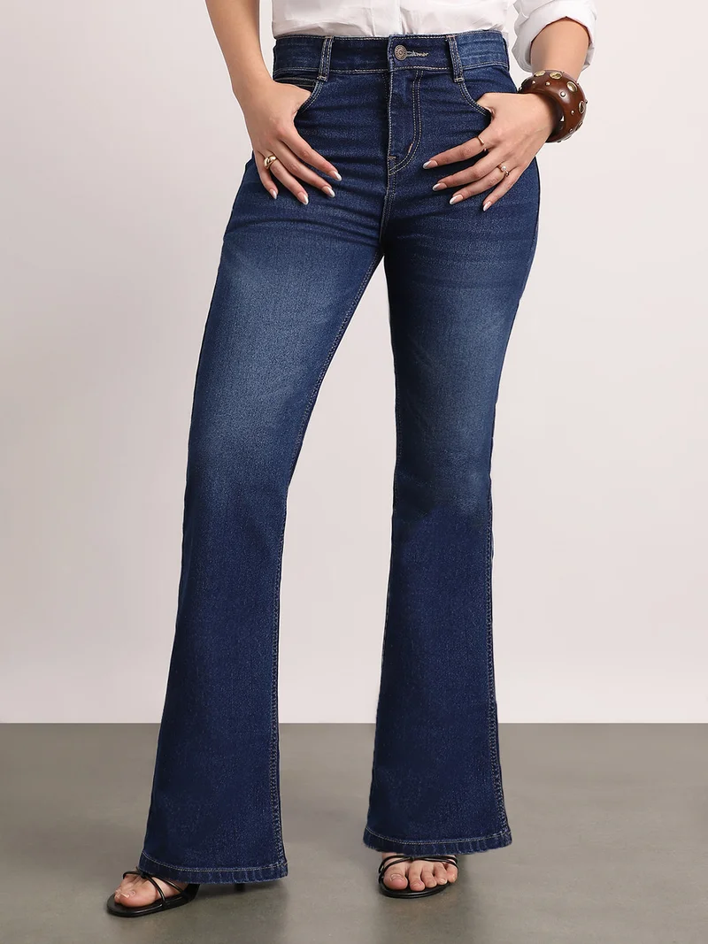 Urbano Fashion Women's Dark Blue Mid Rise Bootcut Washed Jeans Stretchable