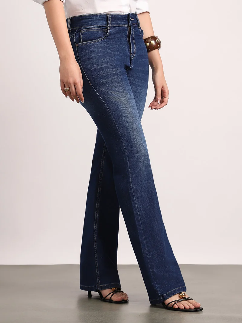 Urbano Fashion  Urbano Fashion Women's Dark Blue Mid Rise Bootcut Washed Jeans Stretchable  | Best Price UAE