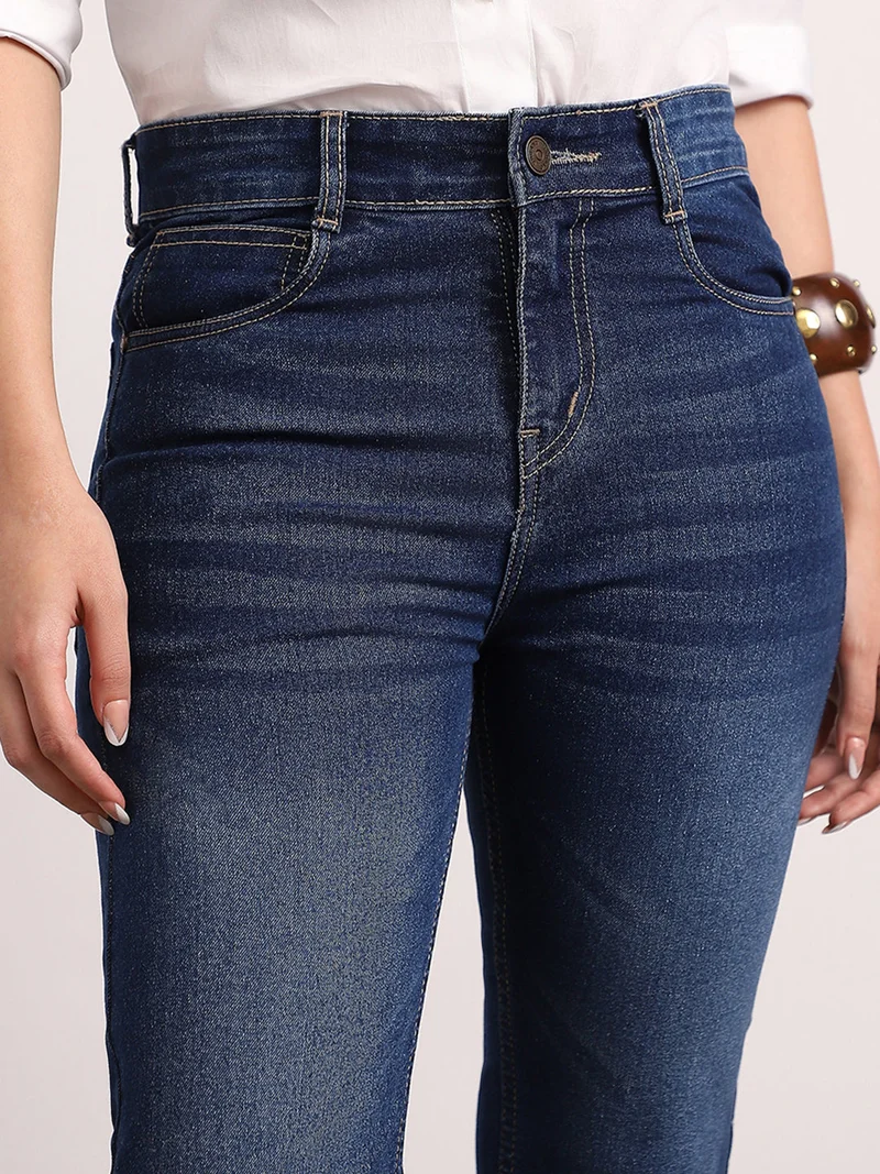 Urbano Fashion  Urbano Fashion Women's Dark Blue Mid Rise Bootcut Washed Jeans Stretchable  | Best Price UAE