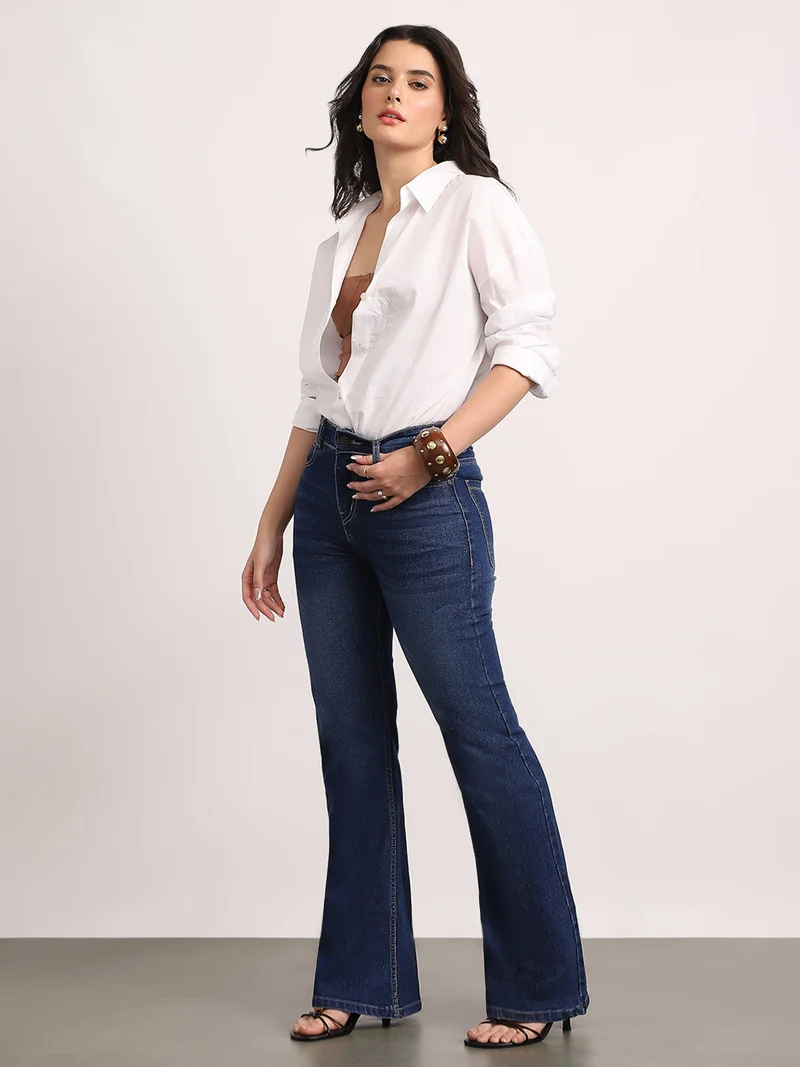 Urbano Fashion  Urbano Fashion Women's Dark Blue Mid Rise Bootcut Washed Jeans Stretchable  | Best Price UAE