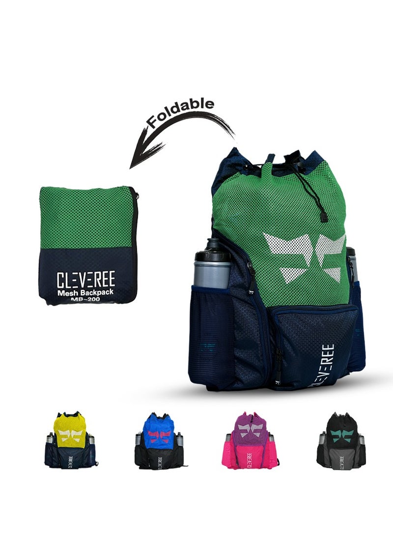 CLEVEREE® Sports Mesh Backpack for Travel, Swimming, Football, Beach. Basketball, Gym - Breathable - Waterproof pocket - Shoe Compartment Pocket (Green Champ) - Image 1