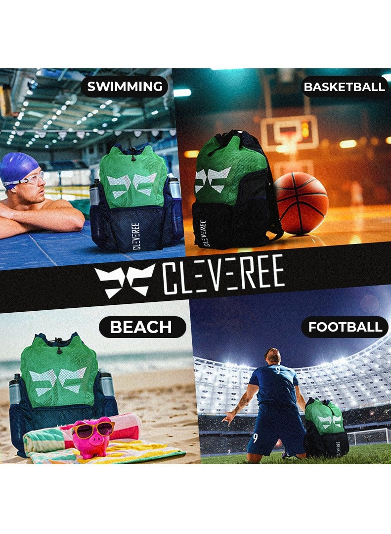 CLEVEREE® Sports Mesh Backpack for Travel, Swimming, Football, Beach. Basketball, Gym - Breathable - Waterproof pocket - Shoe Compartment Pocket (Green Champ) - Image 2