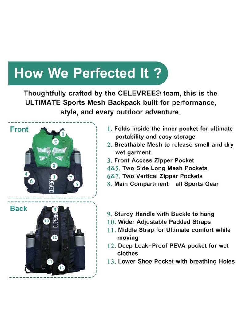 CLEVEREE® Sports Mesh Backpack for Travel, Swimming, Football, Beach. Basketball, Gym - Breathable - Waterproof pocket - Shoe Compartment Pocket (Green Champ) - Image 5