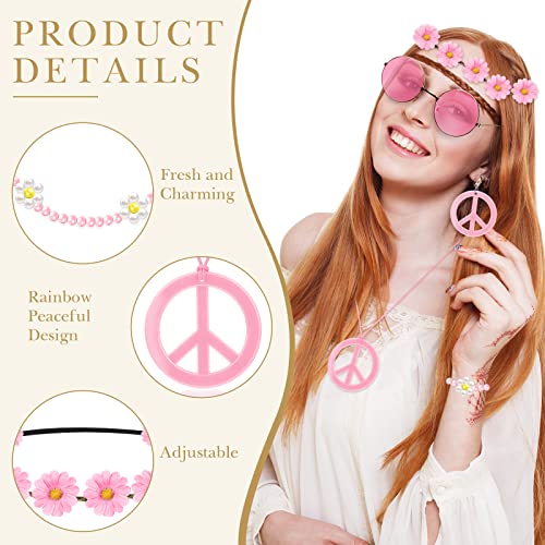 Batiyeer 6 Pcs Hippie Costume Accessories Set, Boho Peace Sign Daisy Flower 60s 70s Party Favors Decor for Groovy Party Women(Pink) - Image 3