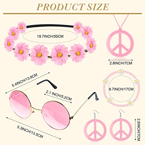 Batiyeer 6 Pcs Hippie Costume Accessories Set, Boho Peace Sign Daisy Flower 60s 70s Party Favors Decor for Groovy Party Women(Pink) - Image 2