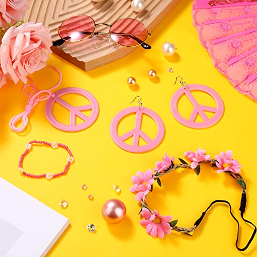 Batiyeer 6 Pcs Hippie Costume Accessories Set, Boho Peace Sign Daisy Flower 60s 70s Party Favors Decor for Groovy Party Women(Pink) - Image 4