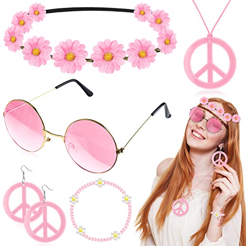 Batiyeer 6 Pcs Hippie Costume Accessories Set, Boho Peace Sign Daisy Flower 60s 70s Party Favors Decor for Groovy Party Women(Pink) - Image 1