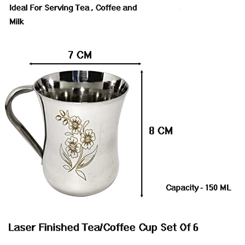 KC Pack of 6 Stainless Steel Tea/Coffee Cup Set of 6 (Laser Finished,150 ML, Damru Shape) - Image 3